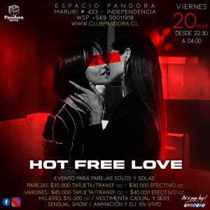 ESTE VIERNES 20 ,TE ESPERAMOS CON UNA ATRAYENTE JORNADA PARA DISFRUTAR Y CONOCER NUEVOS AMIGOS , VEN A VIVIR NUESTRA NOCHE * HOT FREE LOVE* HAZ TU RESERVA SOLO EN NUESTRO WSP +56950011918