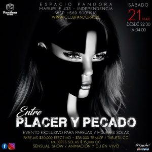 UNA NUEVA EXPERIENCIA TE ESPERA ESTE SABADO 21 , UNA NOCHE QUE TE LLEVARA *ENTRE PLACER & PECADO* EVENTO EXCLUSIVO PARA PAREJAS Y CHICAS SOLAS , RESERVAS SOLO A TRAVES DE NUESTRO WSP +56950011918