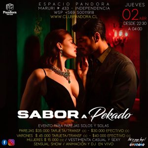 JUEVES 2 ,PANDORA CLUB TE ESPERA EN FORMA ESPECIAL PARA PAREJAS , SOLOS Y SOLAS , EN UNA NOCHE QUE TENDRA * SABOR A PEKADO*TE ESPERAMOS A PARTIR DE LAS 22,30 , HAZ TU RESERVA SOLO EN NUESTRO WSP +56950011918