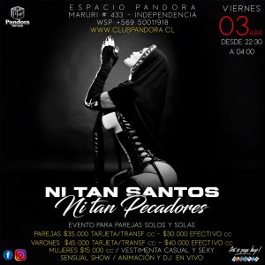 VIERNES 3 , NOCHE TENTADORA , TE ESPERAMOS CON NUESTRA FIESTA PARA PAREJAS ,SOLOS Y SOLAS ,UNA NOCHE PARA SER *NI TAN SANTOS NI TAN PECADORES* HAZ TU RESERVA SOLO EN NUESTRO WSP+56950011918