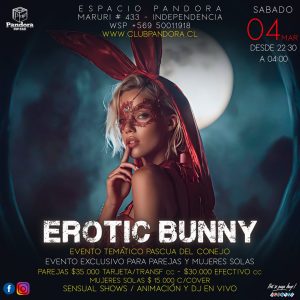 SABADO 4 DE ABRIL , EVENTO ESPECIAL TEMATICO PARA PAREJAS Y CHICAS SOLAS ,TE ESPERAMOS CON + EROTIC BUNNY+HAZ TU RESERVA SOLO ATRAVES DE NUESTRO WSP +56950011918 ABIERTO A PARTIR DE LAS 22,30