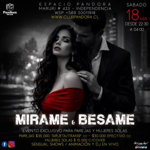 SABADO 18 EXCLUSIVA PARA PAREJAS Y CHICAS SOLAS , TE ESPERAMOS COMO SIEMPRE A PARTIR DE LAS 22,30 CON NUESTRO EVENTO* MIRAME & BESAME * RESERVAS SOLO A TRAVES DE NUESTRO WSP +56950011918
